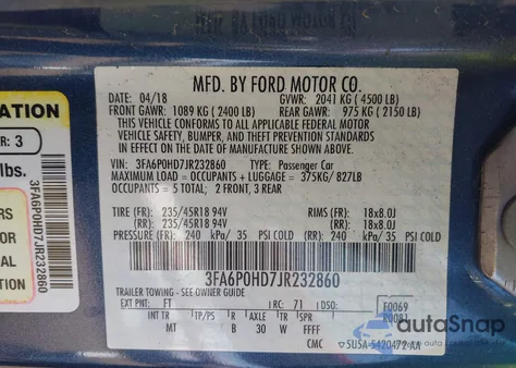 2018 Ford Fusion Se from USA, damaged, VIN 3FA6P0HD7JR232860